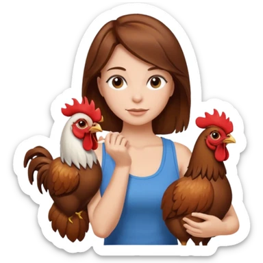 Brown hair very large boob Woman tanki top holding rooster sticker