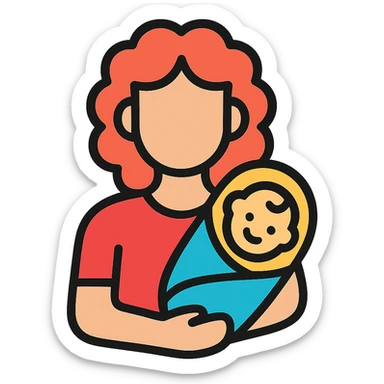 woman with curly red hair holding a baby, modern flat color icon style sticker