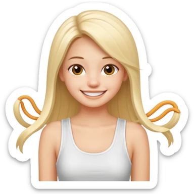 a pretty bratz fair girl with straight long hair, wearing a white noodle strap tank top, smiling sticker