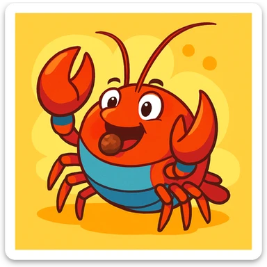 round crayfish eating, pellet visible, fun illustration, lively and colorful sticker