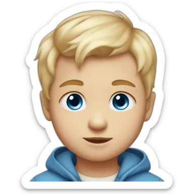 Baby boy with blond hair, blue eyes and a fox sticker