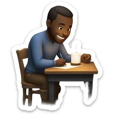 a white man writing a letter and being happy. with a candle in the darkness. sticker