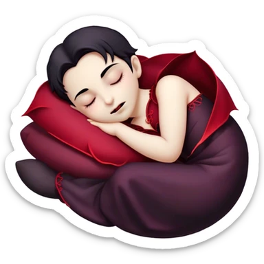 Meme-Worthy Cute Sleeping Vampire Portrait Emoji, with a refined, small, pale face softened by closed, serene eyes and a slight, peaceful smile, adorned in miniature elegant dark attire with a hint of fading crimson, simplified yet irresistibly adorable, highly detailed with a soft ethereal outline that captures the drowsy charm of a vampire in quiet nighttime slumber! sticker