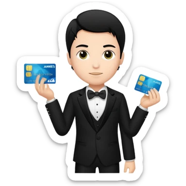 make a genmoji of a boy with a an amex card in hand and wearing a tux, black hair sticker