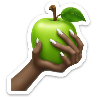 Hand with long nails holding a green apple sticker