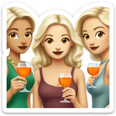 Four beautiful white european girls, one with blond hair and three with dark blond hair in dresses drinking aperol sticker