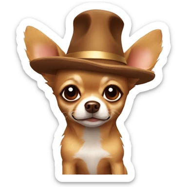 Gold-brown, fuzzy Chihuahua with an hat sticker
