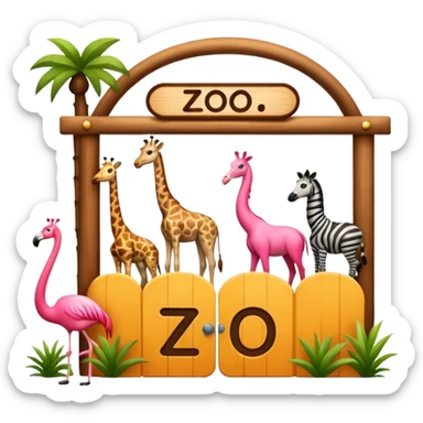 classic emoji-style wooden zoo entrance with the word 'zoo' and four animals: giraffe, panda, zebra, and flamingo, designed to look like genuine emoji, not AI-generated sticker