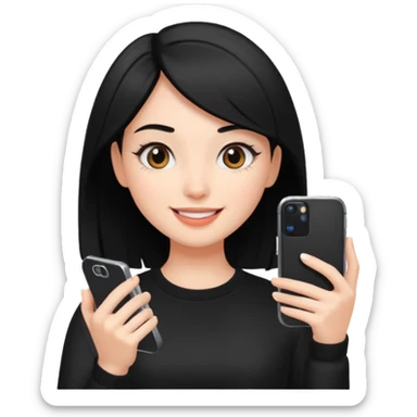influencer girl black haired, phone in hand, recording herself, confident, trendy, sticker