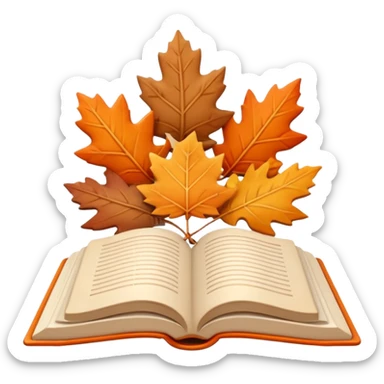 A cute 3D emoji of an open book with autumn leaves around it, cozy fall colors (orange, brown, beige), playful and modern style, glossy finish, minimalistic but expressive, symbolizing a Fall Reading Challenge. sticker