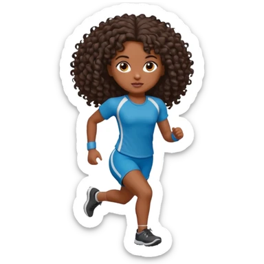 Uma boneca morena escura com olhos castanhos e cabelo cacheado longo até o peito, treinando correndo sticker