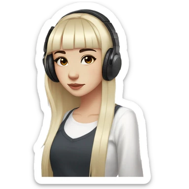 light-skinned girl, 1girl, black hair, solo, long hair, bangs, black eyes, blunt bangs, white shirt, hime cut, headphones, chillhop sticker