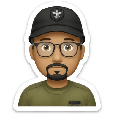 hombre trigueño , barba candado negra y blanca, anteojos, gorra negra , remera tactica verde oliva sticker