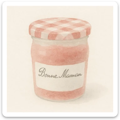 a Bonne Maman jam jar, featuring the classic gingham lid and elegant label, in a soft watercolor art style sticker