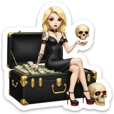 Lilith symbol red eye seductress evil shoulder length blonde haired sexy succubus woman with leather long dress with slit, sitting on a case of gold and cash. Black Platform high heels on feet. Tattoo sleeve arms, seat full of stacks of cash,  dead human skull of her enemies in her other hand sticker