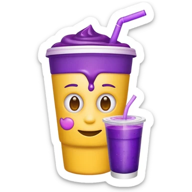  White styro with purple juice inside visible from the top only. Add a stoned yellow emoji face that os holding the cup sticker
