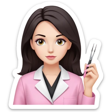 Mulher branca de cabelos pretos na altura dos ombros, vestindo jaleco rosa e segurando uma pinça de extensão de cílios sticker