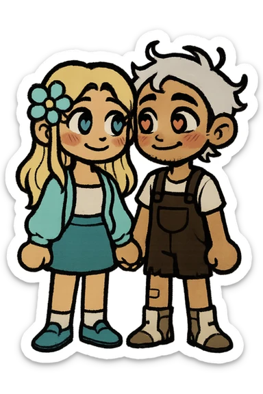 Create a couple image of these two cartoon characters standing side by side, both with loving eyes and gentle smiles, showing affection, matching their style, transparent background. sticker