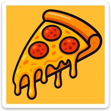 slice of pizza, cartoon style, exaggerated cheese pull, bright colors, fun and playful sticker