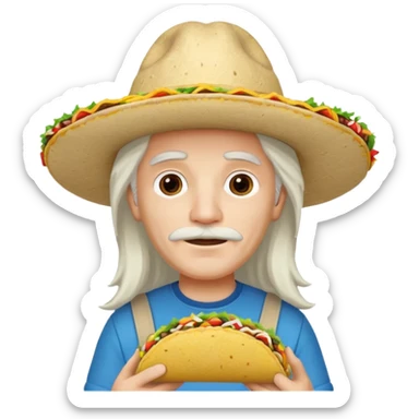 man holding taco with long white hair and cap sticker