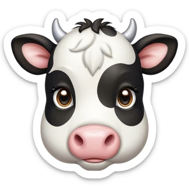 Cinematic Cute Black and White Cow Portrait Emoji, Head tilted playfully and inquisitively, featuring a glossy, contrasting coat of black and white, round, sparkling brown eyes filled with gentle curiosity, Simplified yet irresistibly adorable features, highly detailed, glowing with a warm, friendly glow, high shine, affectionate and serene, stylized with a touch of contemporary charm, bright and endearing, soft glowing outline, capturing the essence of a mischievous yet loving cow, so playful it feels like it could moo out of the screen and into your arms! sticker