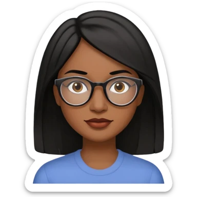 A 35 years old  woman emoji with medium-dark skin, straight shoulder-length black hair parted to the side, an oval-shaped face, arched dark eyebrows, large brown eyes with glasses, a small nose, and natural-toned lips. sticker