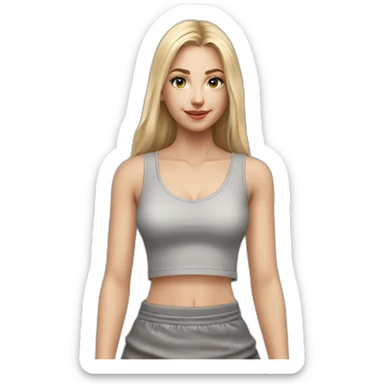 hyperrealist caucasian girl, long straight blonde hair, v-neck laced crop tanktop, grey tight mini skirt sticker
