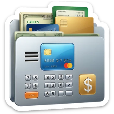 Closed folder icon with small symbols floating around: bank building, credit card, calculator, and document – organized financial archive sticker