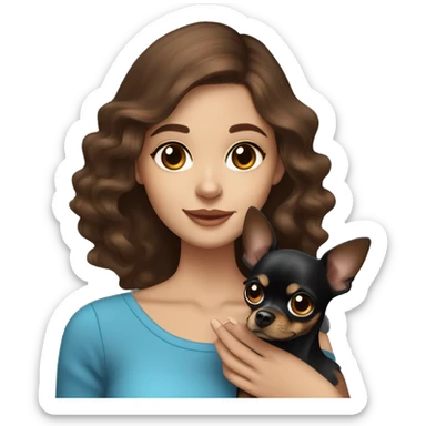 Pretty girl with long wavy brown hair, blue eyes, holding a black and brown short hair chihuahua sticker