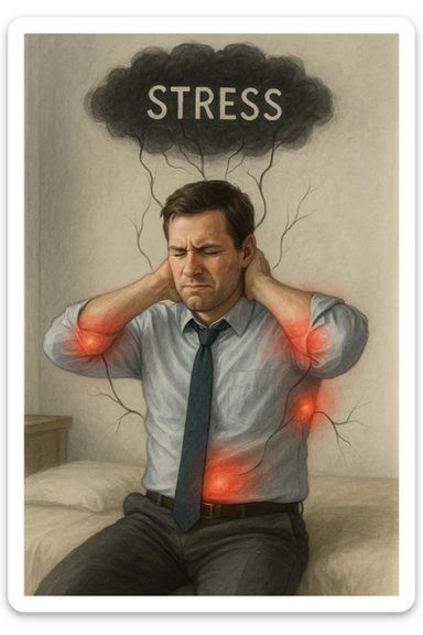 Uomo tra i 30 e i 40 anni in abiti da ufficio, seduto su una sedia o sul letto, con mani sul collo o sulla testa, visibilmente stressato. Attorno al corpo si vedono aree evidenziate di dolore (spalle, stomaco, schiena) rappresentate da leggere sfumature rosse o pulsanti. Sopra la sua testa, una nuvola scura con la parola 'Stress' scritta dentro, collegata al corpo con fili o nervi tesi. L'espressione dell’uomo è di frustrazione ma anche convinzione: crede che sia solo lo stress. Stile realistico con accenti simbolici psicofisici sticker