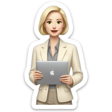 pale skin woman with ash blonde Straightened bob Hair, White Spacious classical jacket, beige palazzo Arrow pants and gray blouse holding a MacBook in the hands sticker