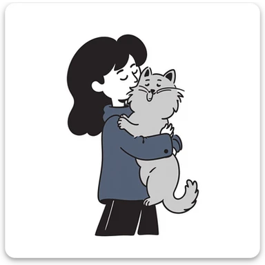 Brunette girl with dark blue sweatshirt snuggling a fluffy grey Siberian cat, warm embrace sticker