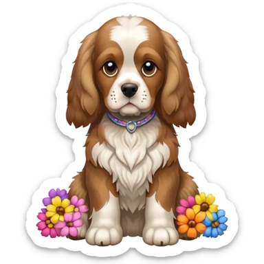 Full body shot of a cocker spaniel sitting with flowers sticker