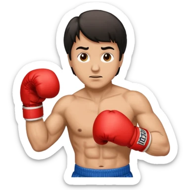 Rocky Balboa emoji, boxing stance, iconic hair, red gloves, friendly and expressive sticker