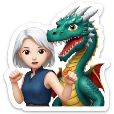 a girl with white hair fighting a dragon sticker