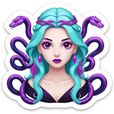 Beautiful Queen Hydra sea witch with seven snake heads, with the colors of cyan, hot pink, purple, white, and black sticker