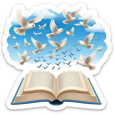 Icon for Poetry Reading: an open book with verses on the pages, from which fly pages transforming into a large flock of small white birds soaring into the blue sky. The icon should evoke the freedom and beauty of poetry. Transparent background. sticker