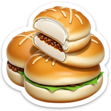 Shanghai pan-fried pork buns Shengjianbao with visible crispy bottom, simplified emoji style with bold outlines and bright colors, cartoon style juicy breakfast buns sticker
