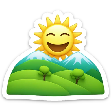 Cartoon sun rising over a green hill with trees sticker