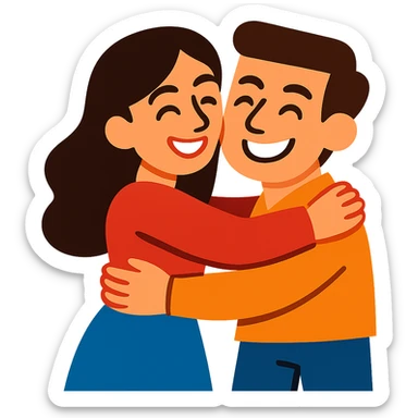 a beautiful brunette woman hugging a man, stylized cartoon, bright colors, joyful expressions, no background sticker