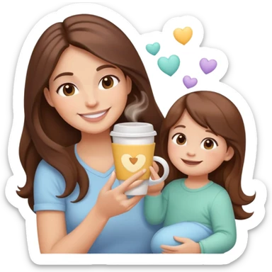 A cute cartoon-style emoji of a smiling woman with long hair juggling a toddler, a baby, and a cup of coffee, soft pastel colors, minimalistic design, perfect for Instagram stories sticker