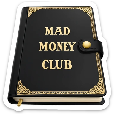 black book with ornate white text and borders. The book’s cover reads: “Mad Money Club - Rules Book - For Sad Girls.” sticker