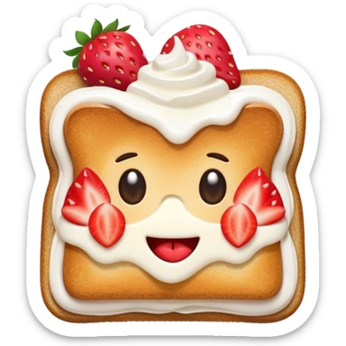emoji illustration of a square toast topped with fluffy white cream, decorated with a strawberry bow made from two strawberry halves and a small sliced center, bright red and glossy, Clean soft shading, kawaii emoji style, centered object, no plate, no background, high detail, pastel tone sticker