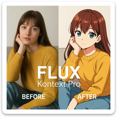 create before after image of a girl before is realsitic photo, after is anime version of her in same pose and clothes, add logo with text of a "FLUX Kontext Pro" sticker