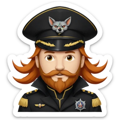 An auburn-hair'ed admiral with a flawless bear and mustache wearing a black admiral outfit and hat with Wolf Ears coming out of the hat, and 9 tails behind him, with the admiral black shirt featuring on the left breast pocket the insignia of Helldivers 2. sticker