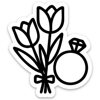 minimalist icon representing a bouquet of pink tulips and a ring, soft colors, transparent background sticker