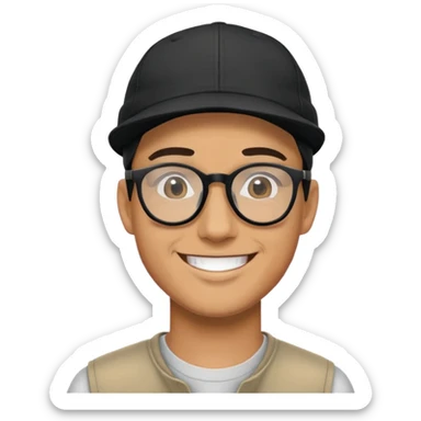 Man with black glasses  in black cap smiling outdoors sticker