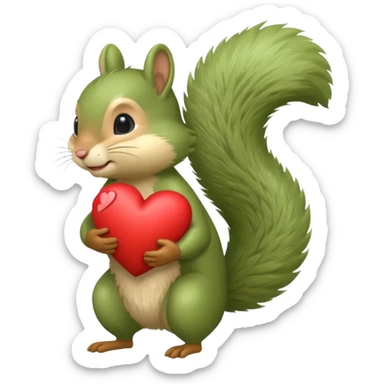 Soft yeşil bir sincap kocaman bir kalp taşıyor sanki karşında çok sevdiği biri varmış gibi sticker