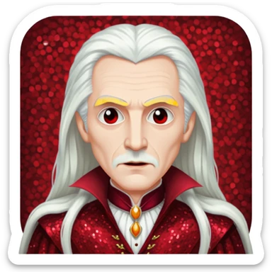 Dracula with long white hair, dark red sequin outfit sticker