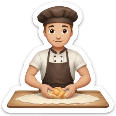 Young male baker – rolling croissant dough on a wooden table, flour on clothes

 sticker